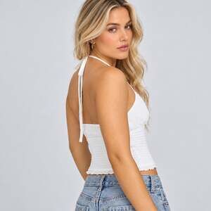 Garage Snow White Samantha Smocked Halter Crop Top Frill Coquette Size Large NWT